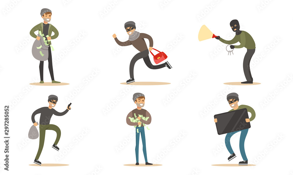 Criminals and Robbers Characters Set, Masked Burglars in Dark Clothes in Masks Stealing Money, Handbag, Electronics Vector Illustration