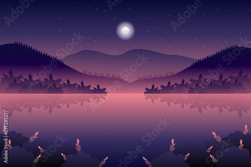 Scenery starry night forest with mountain background