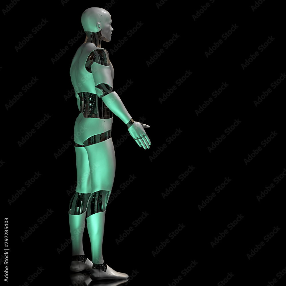 humanoid robot standing in front of an empty space, cyborg on shiny stage background humanoid robot standing in front of an empty space, cyborg on shiny stage background