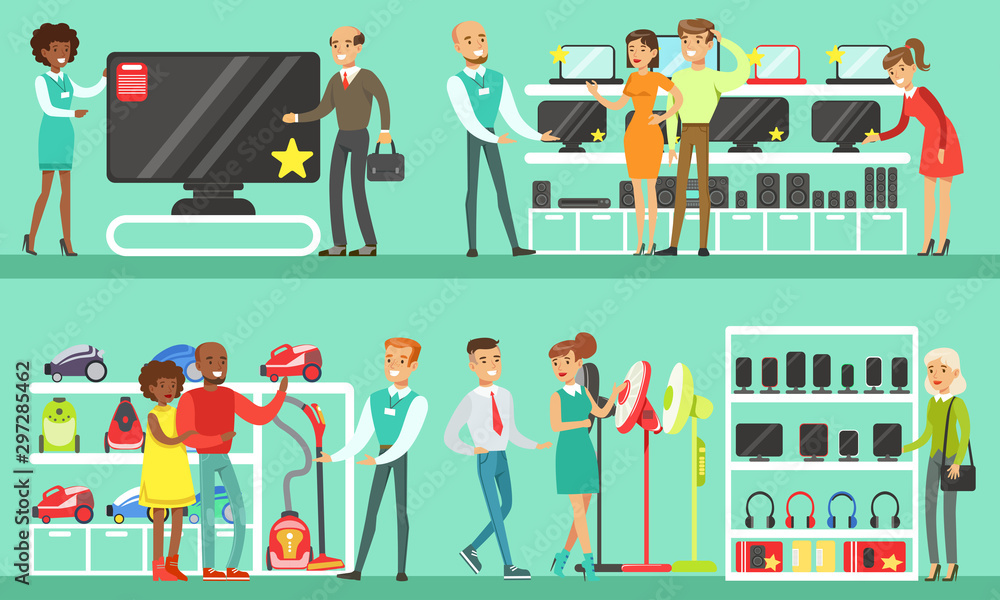 People Shopping in a Mall Set, Men and Women Choosing and Buying Electronics and Household Appliances in Store Vector Illustration