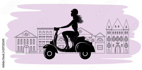 Girl in dress riding a scooter. The silhouette of the girl on the background of the city. Vector illustration.