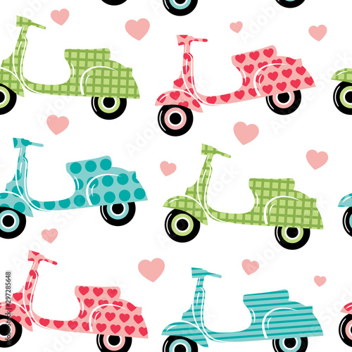 Seamless pattern with scooters and little heart.
