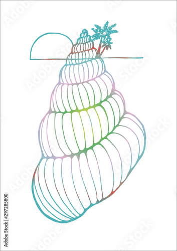 Color illustration of a shell with a palm tree. Logo