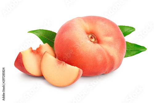 Ripe chinese flat peach fruit and slices with leaf isolated on white background