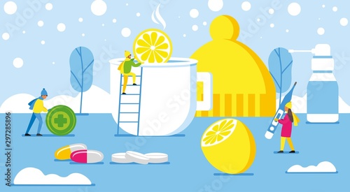 Winter seasonal cold. Drugs for the treatment of acute respiratory infections. Remedies for the treatment of colds. Vector flat illustration.