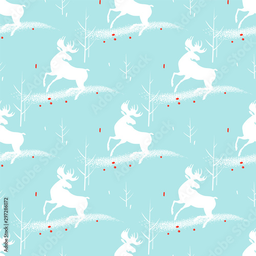 Reindeer and trees. Seamless pattern with deer. Christmas texture  holiday print for fabric  wrapping paper for New Year celebration  winter design element for greeting card  calendar.