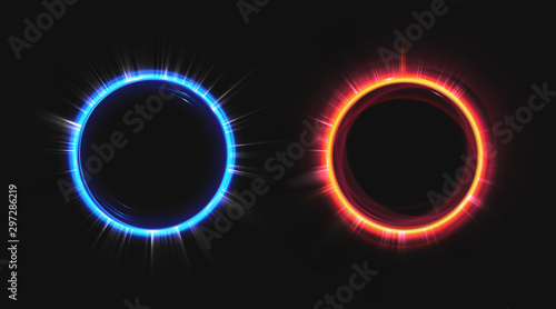 Hologram effect circles set. Neon hud blue and orange glow round rays isolated on black background. Empty lighting magic fantasy portal. Futuristic teleport top view. Realistic 3d vector illustration