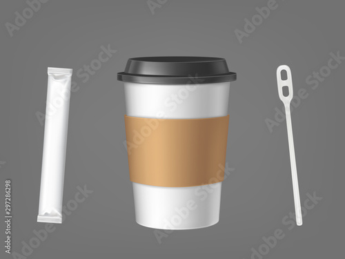 Disposable coffee cup with stick and sugar pack set isolated on grey background, plastic mug with cap and cardboard holder, design elements for advertising. Realistic 3d vector illustration, clip art