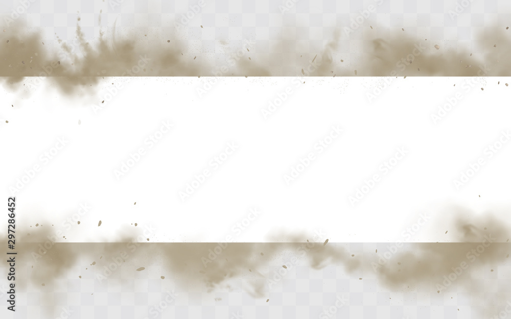 Smoke empty banner mock up, dirty smog horizontal border isolated on white background, brown heavy thick dust steam frame with motes and sand design element mockup. Realistic 3d vector illustration - obrazy, fototapety, plakaty 