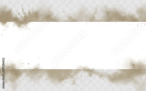 Smoke empty banner mock up, dirty smog horizontal border isolated on white background, brown heavy thick dust steam frame with motes and sand design element mockup. Realistic 3d vector illustration