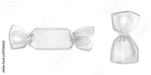 White candy wrappers, blank foil or paper wrapping package for lollipop and chocolate truffle sweets design elements for production advertising Realistic 3d vector illustration, isolated clip art