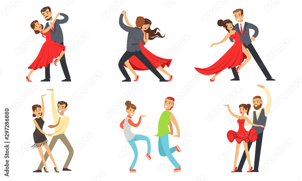 Dancing Couples Set, Professional Dancers Performing Classical and Modern Dances Vector Illustration