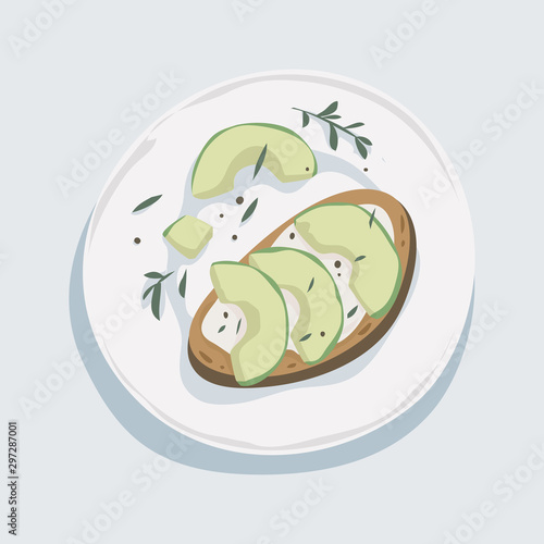 Toast with avocado slice. Breakfast top view. Healthy food.
