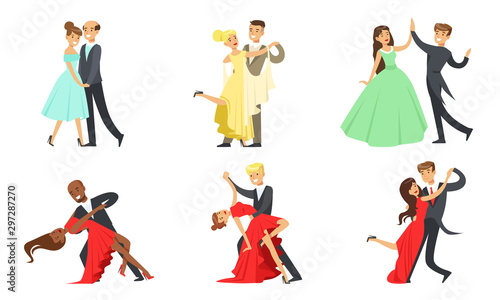 Dancing Couples Set, Male and Female Dancers Performing Classical Dances Vector Illustration
