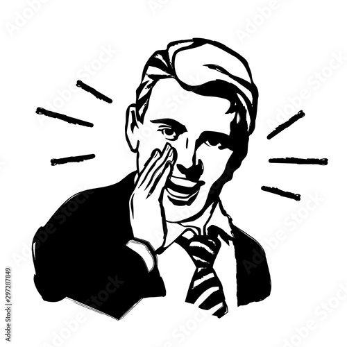 Vector illustration handdrawn retro pop art male face. Young man with open mouth screaming announcement in vintage ad art style.