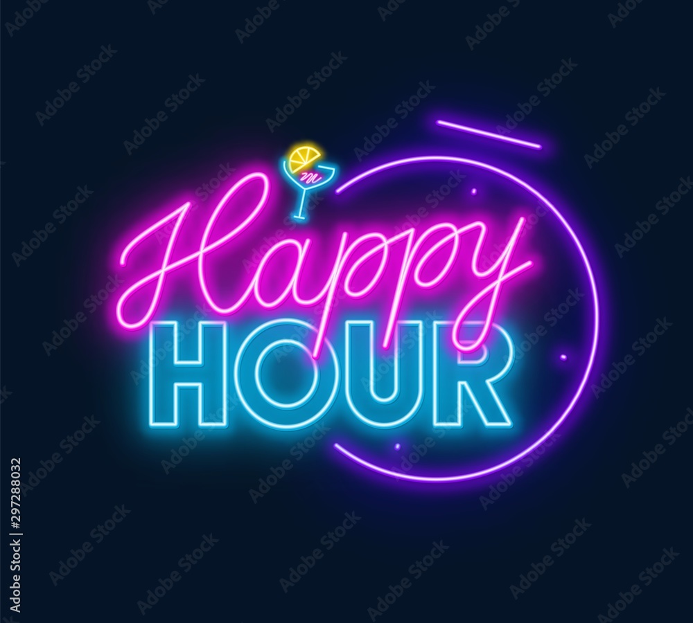 Happy hour neon sign on dark background. Vector illustration. Happy hour neon sign on dark background. Vector illustration.