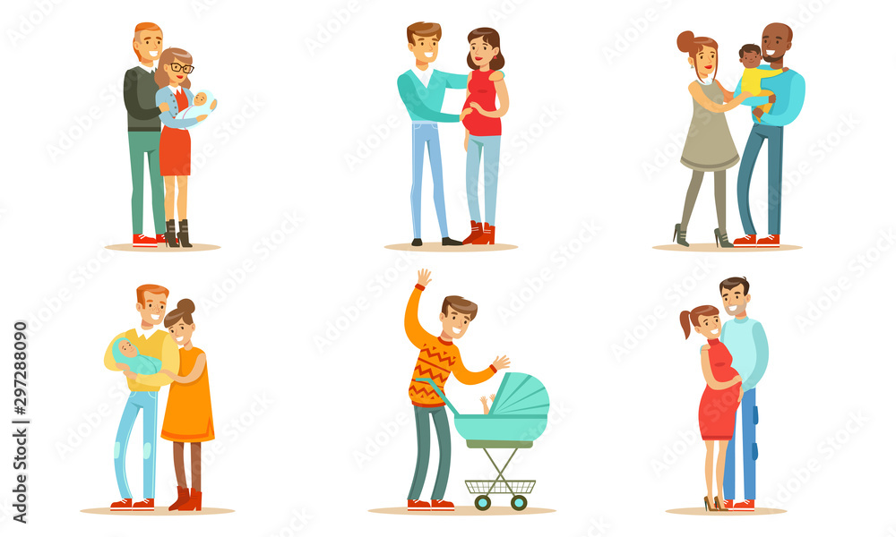 Happy Traditional Families with Newborn Babies Set, Smiling Mother, Father and Kids, Family Couple Expecting Baby Vector Illustration