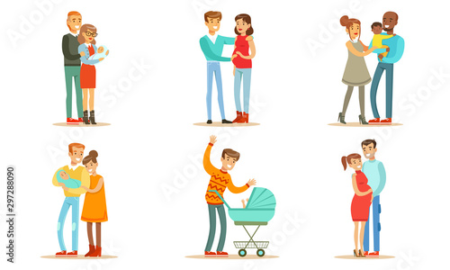 Happy Traditional Families with Newborn Babies Set  Smiling Mother  Father and Kids  Family Couple Expecting Baby Vector Illustration