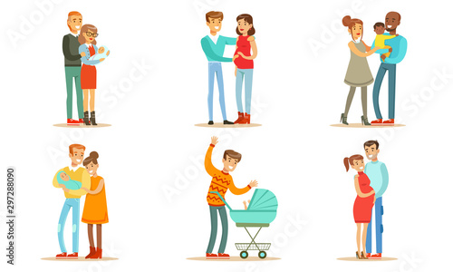 Happy Traditional Families with Newborn Babies Set, Smiling Mother, Father and Kids, Family Couple Expecting Baby Vector Illustration