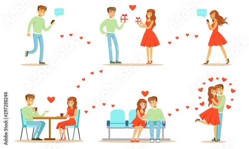Young Man and Woman Communicatitng with Their Mobile Phones, First Dating Vector Illustration