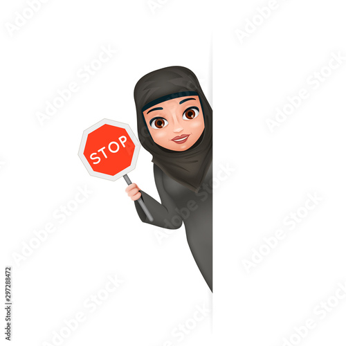 Look out corner protest fight for equal rights stop sign arabe tradicional female clothing hijab abaya 3d cute cartoon character design vector illustration