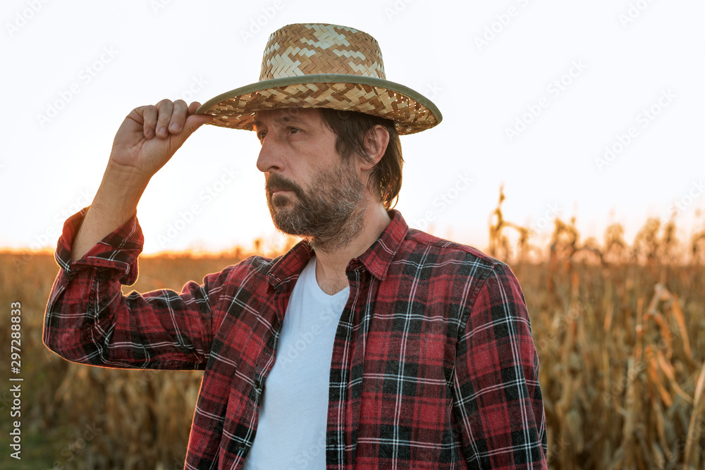 Obraz premium Thoughtful concerned corn farmer agronomist posing in maize crop field