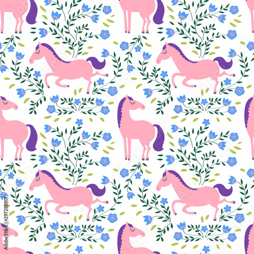 Seamless pattern with cartoon style horse and flowers.