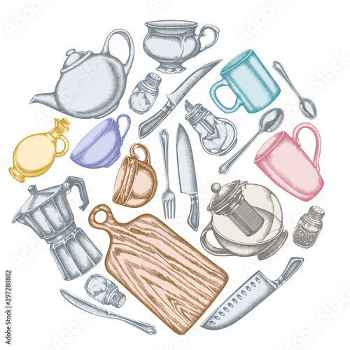 Round floral design with pastel Chef's knifes, teaspoon, spoon, fork, knife, cutting board, bottle of oil, teapots, coffee pot, cups, sugar bowl, pepper shaker, salt shaker