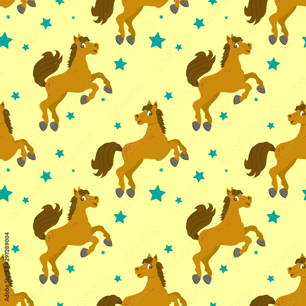 Fototapeta premium Seamless pattern with cartoon style horse and stars.