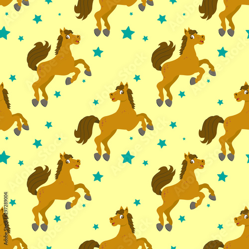 Seamless pattern with cartoon style horse and stars.