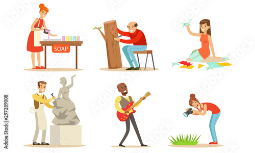 People of Creative Professions and Hobbies Set, Men and Women Making Homemade Soap, Carving, Making Origami Cranes, Playing Guitar, Photographing Vector Illustration