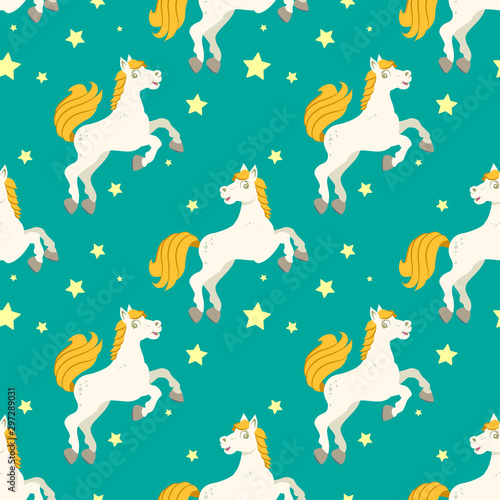 Seamless pattern with cartoon style horse and stars.