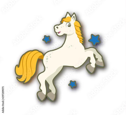 Poster with cartoon style white horse and stars.