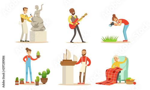 People of Creative Professions and Hobbies Set, Making Model of Sail Boat, Knitting, Planting Succulents, Playing Guitar, Photographing Vector Illustration