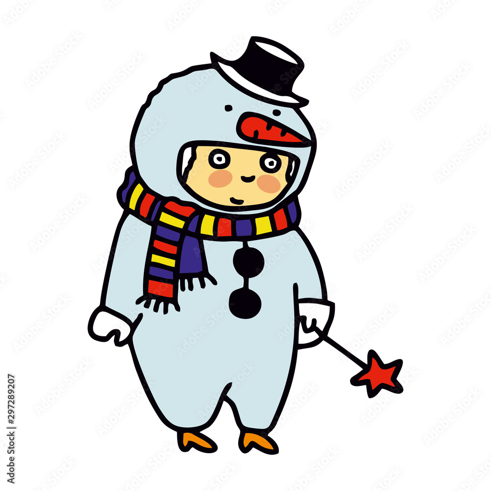 Obraz premium Children in Christmas costumes. Snowman. Cheerful children celebrate Christmas and winter holidays. Christmas. Cartoon New Year's holiday costume.