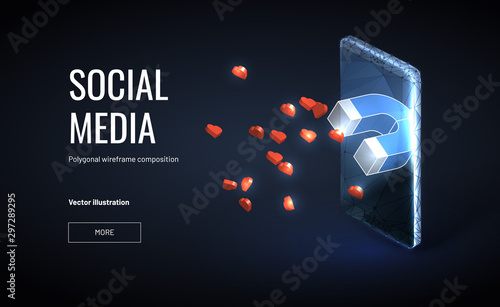 Business concept vector illustration of a magnet come out from cellular phone to attract like or heart. Concept for social media marketing strategy getting more "likes"