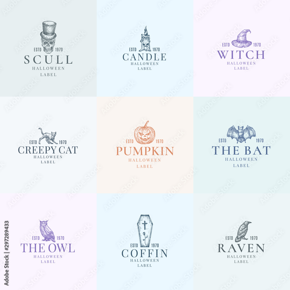 Premium Quality Halloween Logos or Labels Template Bundle. Hand Drawn Creepy Holiday Sketch Symbols Collection. Classy Retro Typography and Pastel Colors. Isolated Set of Emblems.