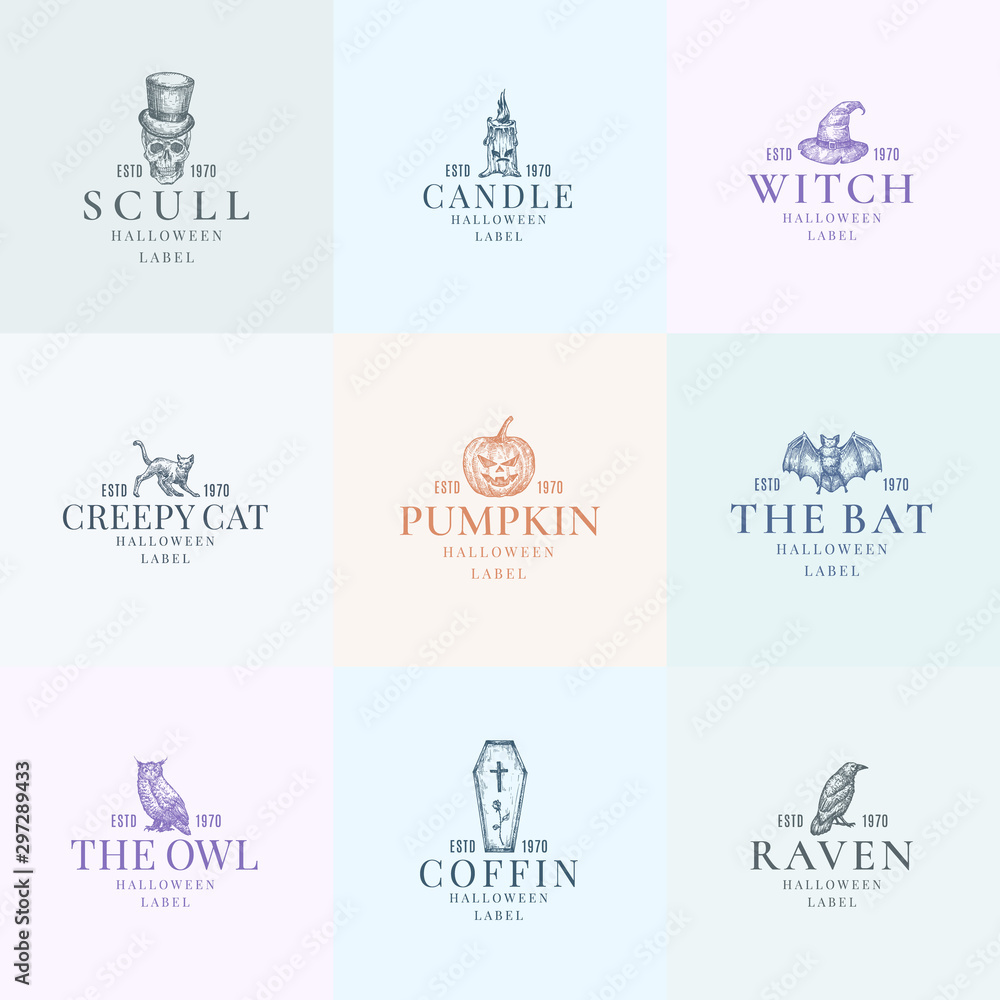 Premium Quality Halloween Logos or Labels Template Bundle. Hand Drawn Creepy Holiday Sketch Symbols Collection. Classy Retro Typography and Pastel Colors. Isolated Set of Emblems. Premium Quality Halloween Logos or Labels Template Bundle. Hand Drawn Creepy Holiday Sketch Symbols Collection. Classy Retro Typography and Pastel Colors. Isolated Set of Emblems.