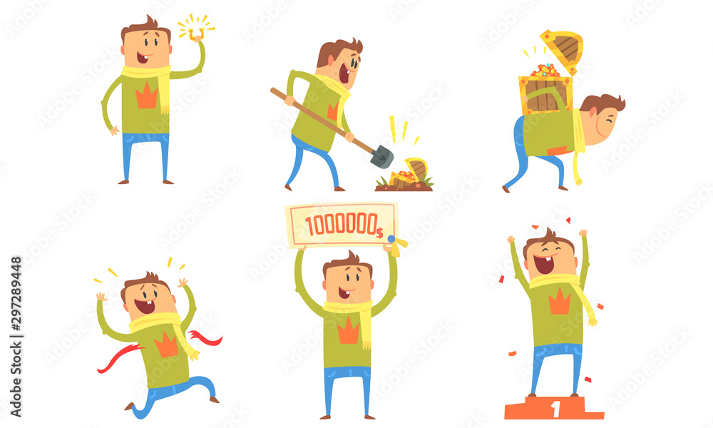 Collection of Lucky Man Winning in Lottery, Quiz Show and Found Treasure Chest Vector Illustration Collection of Lucky Man Winning in Lottery, Quiz Show and Found Treasure Chest Vector Illustration