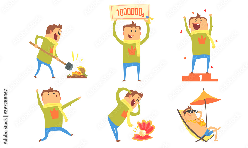 Collection of Lucky Man Cartoon Character Winning in Lottery, Quiz Show and Found Treasure Chest Vector Illustration Collection of Lucky Man Cartoon Character Winning in Lottery, Quiz Show and Found Treasure Chest Vector Illustration