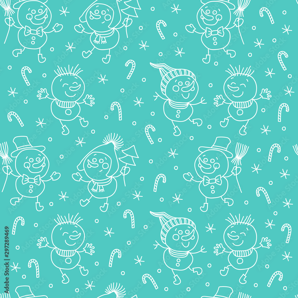 Christmas texture. Christmas seamless vector pattern. Background for New Year and Christmas with snowmen. Texture with white snowmen on a blue background. Christmas texture. Christmas seamless vector pattern. Background for New Year and Christmas with snowmen. Texture with white snowmen on a blue background.
