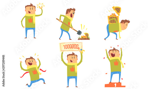 Collection of Lucky Man Winning in Lottery  Quiz Show and Found Treasure Chest Vector Illustration