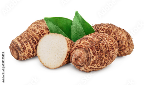 fresh taro root with half and leaf isolated on white background photo