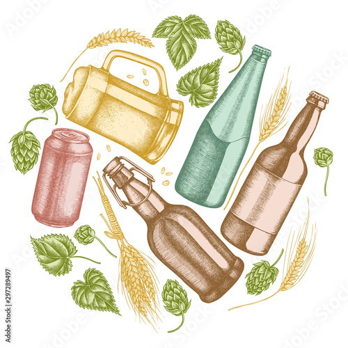 Round floral design with pastel rye, hop, mug of beer, bottles of beer, aluminum can