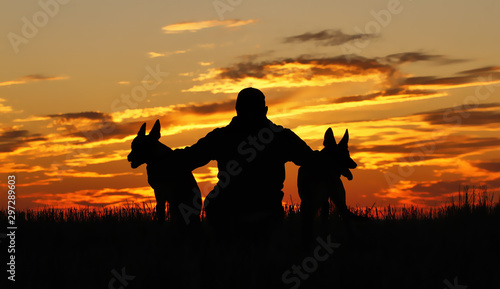 A man and dogs against the backdrop of an incredible sunset, a beautiful sunset, a man and a two Belgian Shepherd Malinois admire the sunset, look into the distance.