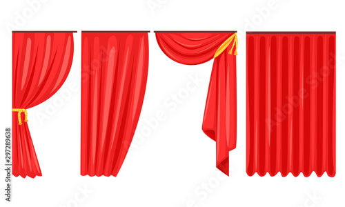 Red Curtains Set, Luxury Interior Drapery, Cornice Decor Vector Illustration