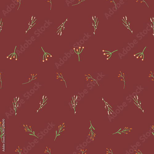 Christmas florals seamless vector pattern. Delicate leaves and flowers red and green winter branches and berries. Hand drawn background for gift wrap paper, fabric design, surface decoration
