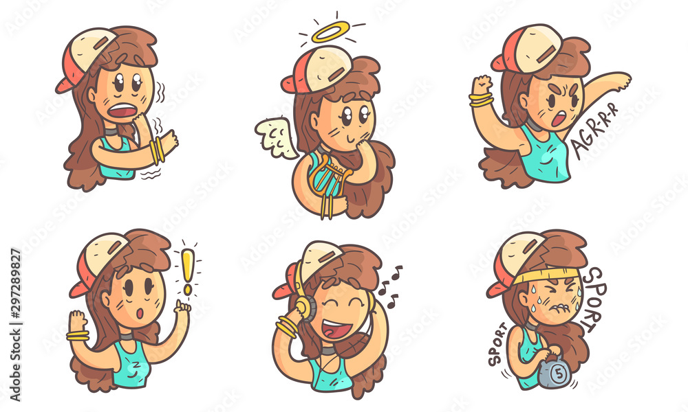 Fototapeta premium Cute Girl in Baseball Cap Showing Various Emotions Set Vector Illustration