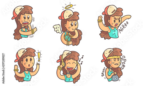 Cute Girl in Baseball Cap Showing Various Emotions Set Vector Illustration