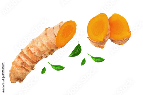 Turmeric root and slice isolated on white background with copy space for your text. Top view. Flat lay